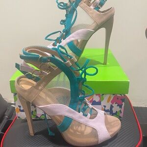 Stylish Beige and Teal Women's Heels